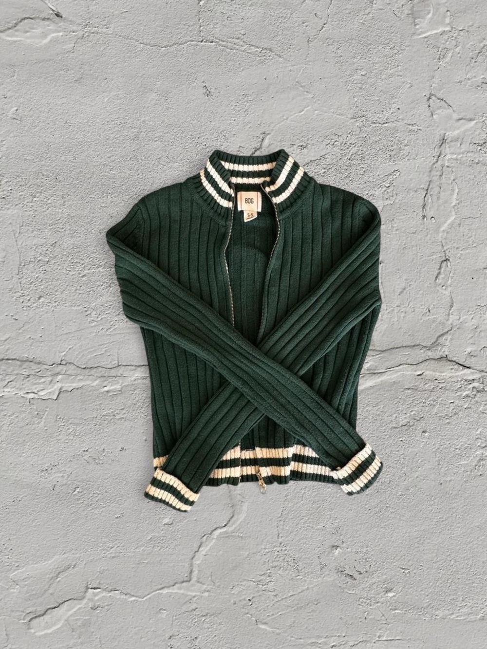 BDG Dark Green Ribbed Zip Cardigan
